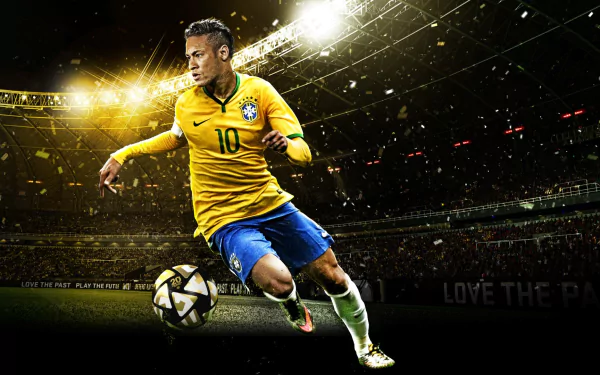 HD desktop wallpaper featuring Neymar, dressed in a yellow Brazil jersey, dynamically dribbling a soccer ball in a brightly lit stadium background.