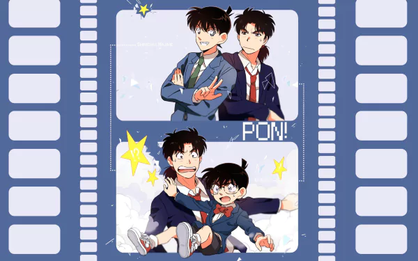 HD desktop wallpaper featuring Conan Edogawa, Hajime Kindaichi, and Shinichi Kudo in a playful crossover of Detective Conan and Kindaichi Shounen no Jikenbo, with a filmstrip border design.