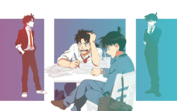 HD desktop wallpaper featuring a crossover between Detective Conan and Kindaichi Shounen no Jikenbo with characters Shinichi Kudo and Hajime Kindaichi in anime style.