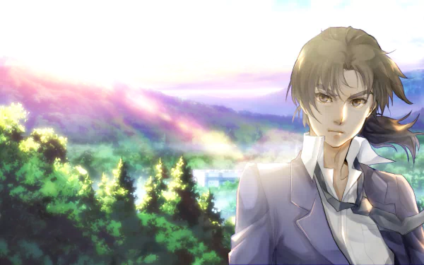 Hajime Kindaichi from The Kindaichi Case Files anime stands against a vibrant, sunlit forest landscape in this HD PC desktop wallpaper.