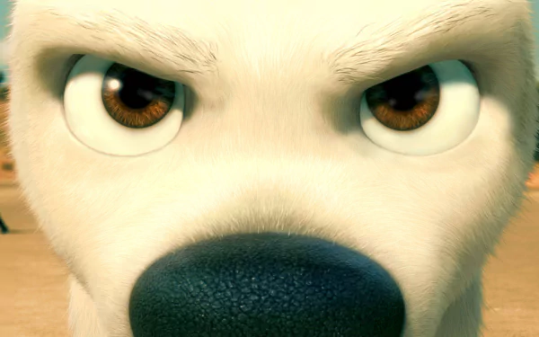 Close-up HD desktop wallpaper of Bolt, the animated dog from the movie Bolt, showing intense brown eyes and black nose.