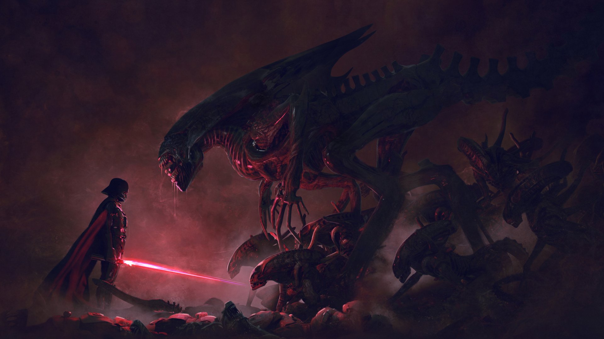 HD desktop wallpaper featuring a dramatic crossover between Darth Vader and multiple xenomorphs from the Alien franchise, set in a dark, ominous environment.