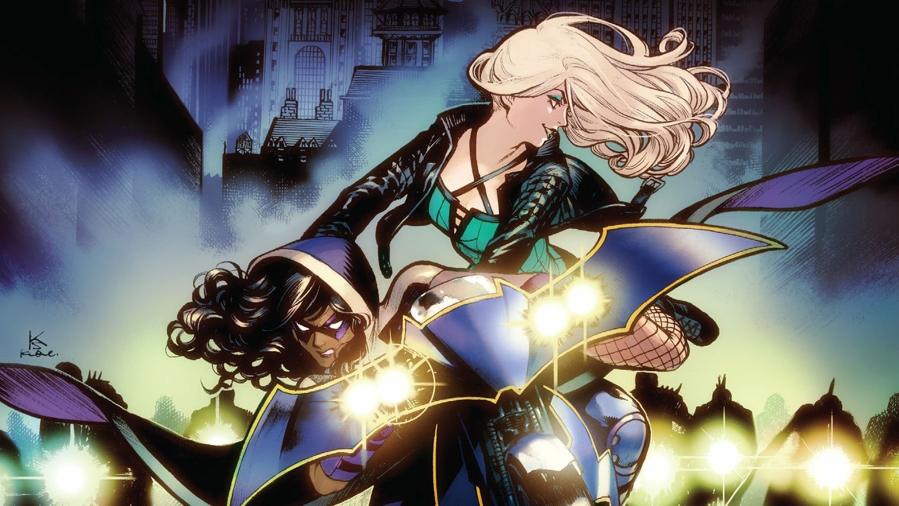 HD PC desktop wallpaper/background: Comic image of Black Canary and a masked Birds of Prey teammate, blonde Canary in leather, dynamic night-city action with glowing lights.