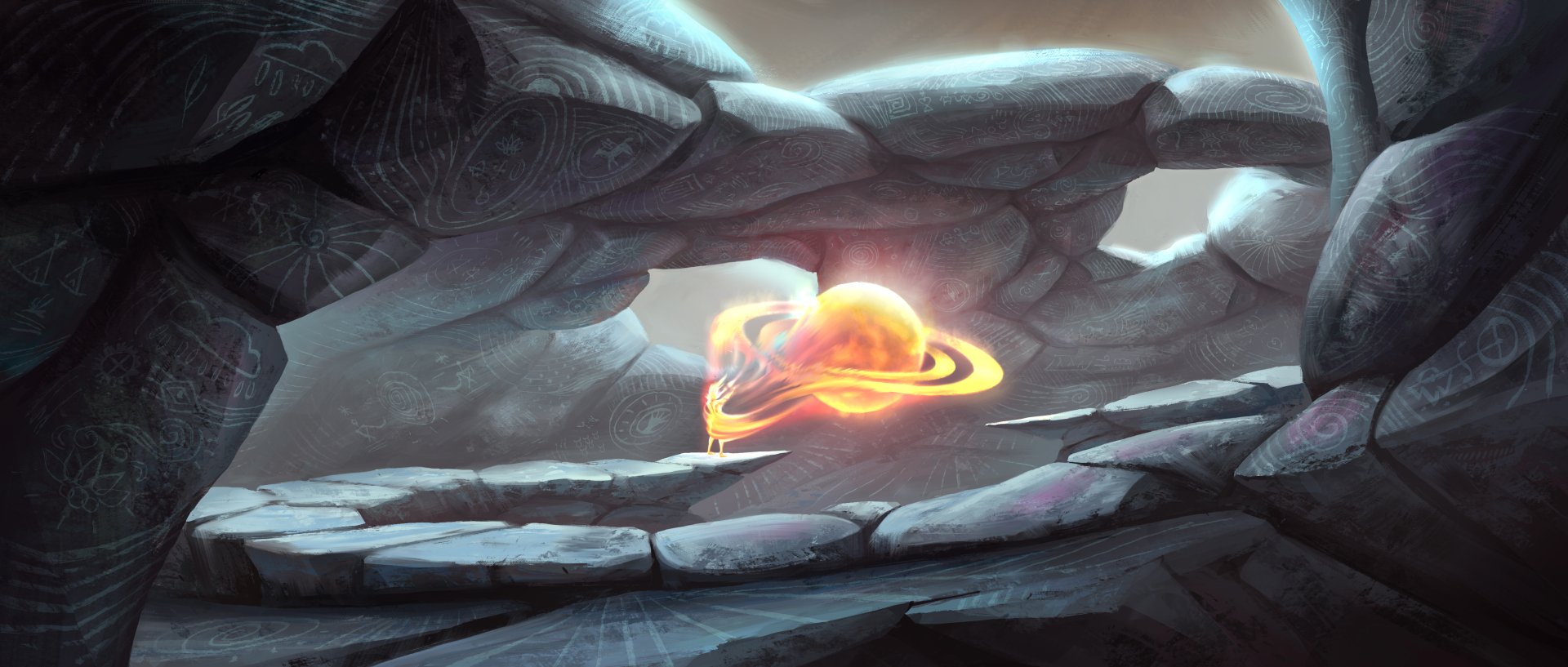 A magical fire planet glowing with fiery rings, set within ancient, rocky formations under a mystical sky in this HD fantasy desktop wallpaper.