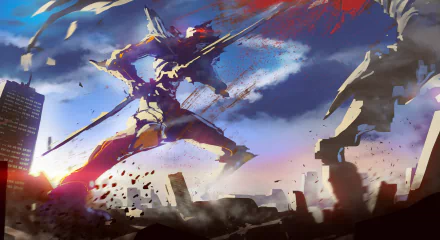 A dynamic HD wallpaper featuring a fight between towering robots set against a cityscape, inspired by the anime Neon Genesis Evangelion.
