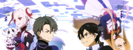 HD desktop wallpaper featuring characters Eiji, Yuna, Kazuto Kirigaya (Kirito), and Asuna Yuuki from Sword Art Online: Ordinal Scale. The anime scene showcases intense standoffs and futuristic settings.