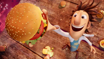Flint Lockwood from Cloudy with a Chance of Meatballs excitedly holding a giant burger. HD desktop wallpaper and background.