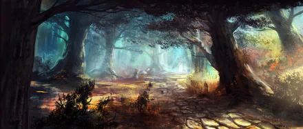 A fantasy forest path with large, ancient trees and dappled light filtering through the canopy. This HD wallpaper and background creates a magical and enchanting atmosphere.