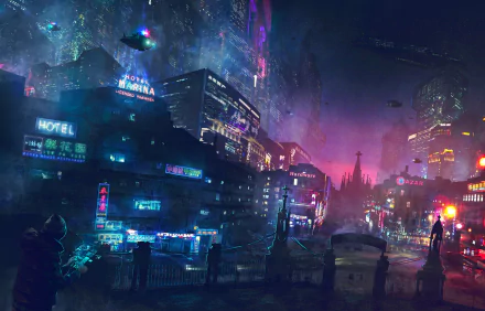 HD desktop wallpaper featuring a vibrant cyberpunk cityscape with futuristic buildings, flying vehicles, neon lights, and skyscrapers illuminating the night.