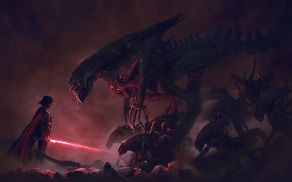 HD desktop wallpaper featuring a dramatic crossover between Darth Vader and multiple xenomorphs from the Alien franchise, set in a dark, ominous environment.