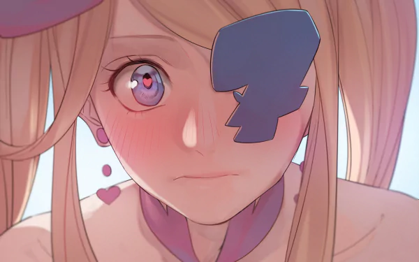 Close-up anime portrait of Nui Harime (Kill La Kill), blushing with an eyepatch and heart earring — HD PC desktop wallpaper/background art.