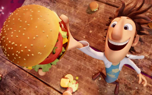 Flint Lockwood from Cloudy with a Chance of Meatballs excitedly holding a giant burger. HD desktop wallpaper and background.