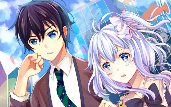 An HD desktop wallpaper featuring two characters from the anime Hand Shakers: a dark-haired boy in a school uniform and a silver-haired girl with a bow, both with striking blue eyes.