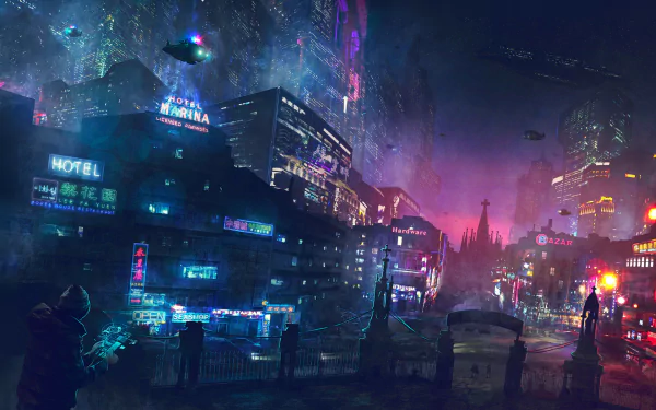 HD desktop wallpaper featuring a vibrant cyberpunk cityscape with futuristic buildings, flying vehicles, neon lights, and skyscrapers illuminating the night.