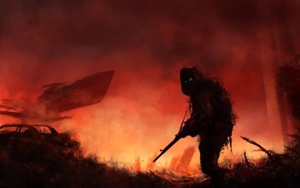 A dark, post-apocalyptic scene featuring a warrior silhouetted against a backdrop of fiery red and smoke, wielding a weapon among the ruins of a devastated landscape.