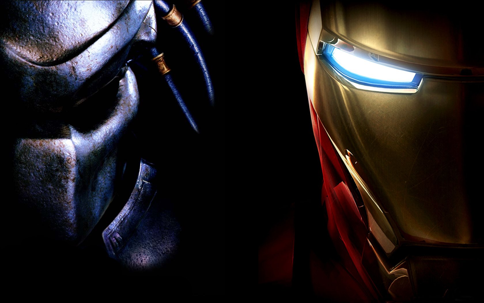Iron Man and the Predator in a fantasy video game wallpaper on a high-definition desktop.