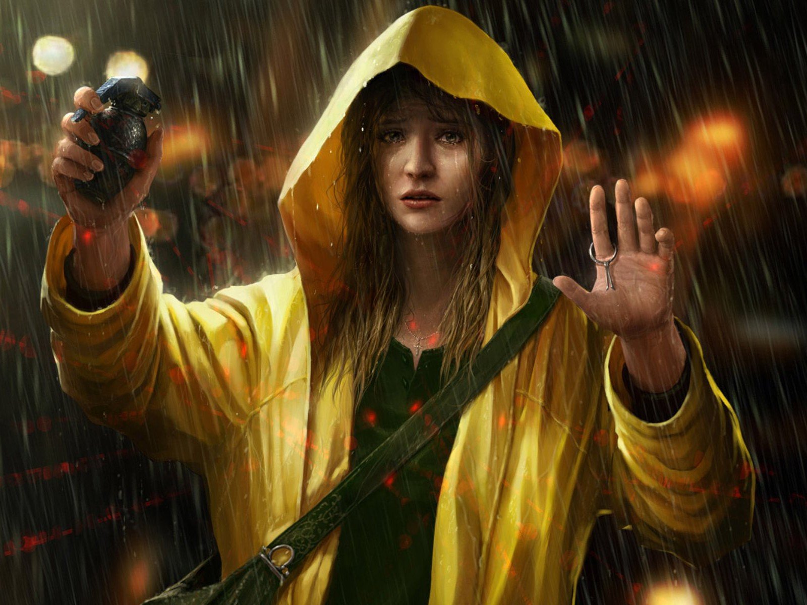 A person in a yellow raincoat, holding a grenade, stands in the rain. The dark, moody scene evokes an emo aesthetic, adding tension and intensity. This HD wallpaper provides a dramatic background.