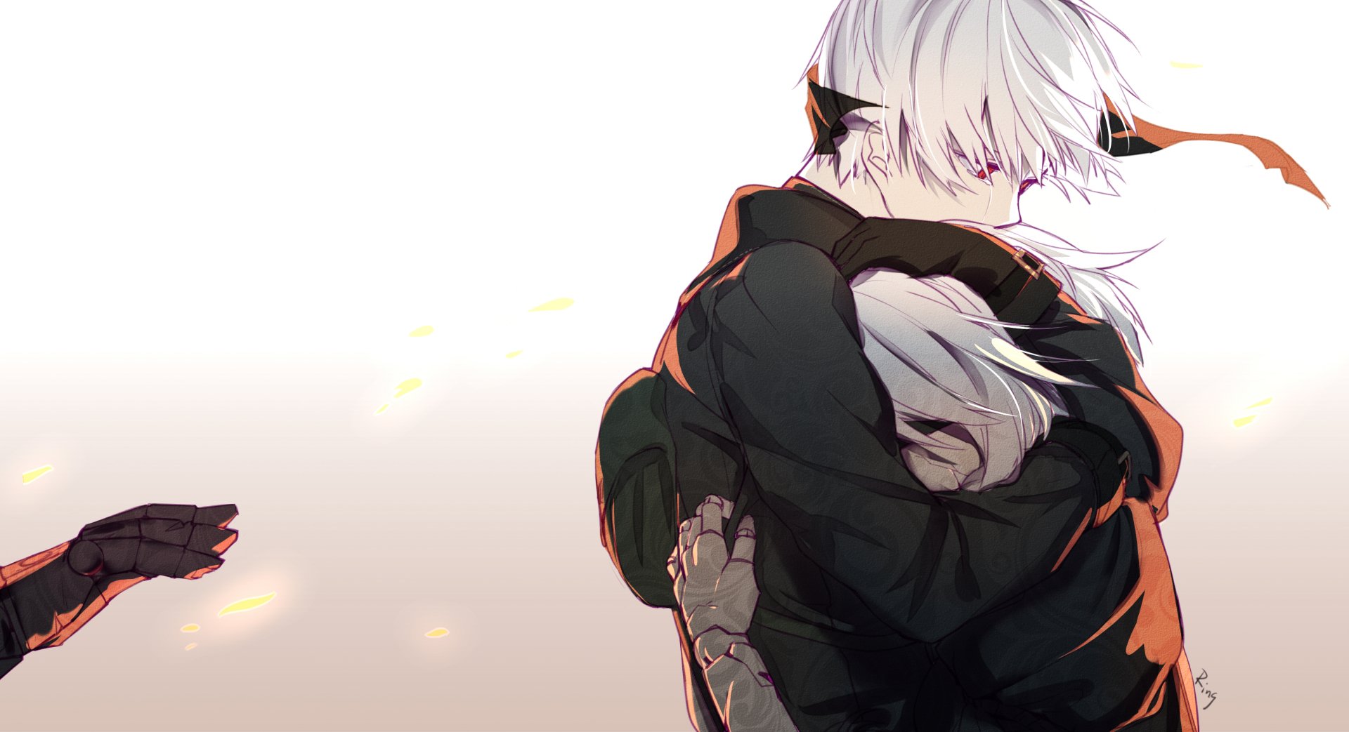HD wallpaper of NieR: Automata featuring two characters in an emotional embrace, with one extending hand visible on the left. The background is soft with subtle light effects.