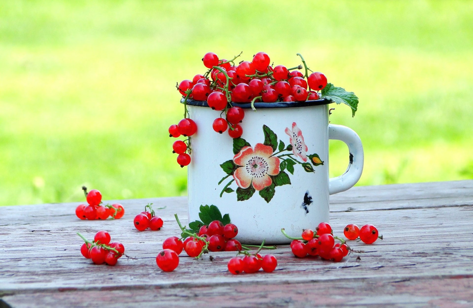 HD desktop wallpaper featuring a blurred green background with a white floral cup filled with bright red currants on a rustic wooden surface.
