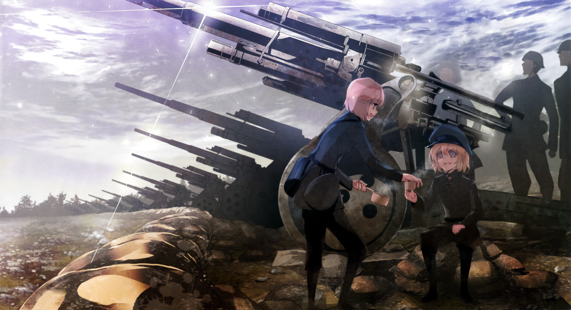HD desktop wallpaper featuring Tanya Degurechaff from the anime Youjo Senki, standing near heavy artillery with a dramatic sky in the background.