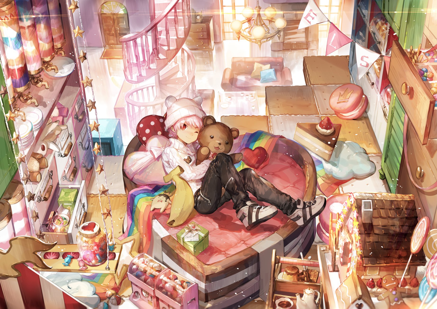 HD PC desktop wallpaper featuring a cozy, colorful room scene from the video game Elsword with characters reclining on a bed surrounded by plush toys and vibrant decor.