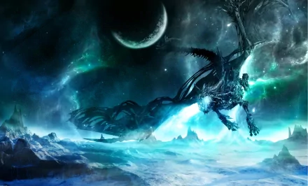 HD fantasy wallpaper of Sindragosa, the dragon from World of Warcraft: Wrath of the Lich King, soaring over a snowy mountain landscape with a glowing moon in the sky.