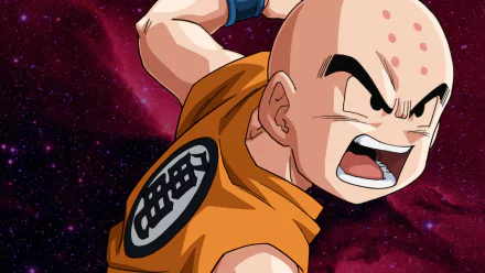 Anime HD PC desktop wallpaper featuring Krillin from Dragon Ball Z: Resurrection of F, depicted in an intense battle-ready pose against a cosmic background.