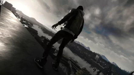 HD PC desktop wallpaper featuring a dramatic scene from the video game inFAMOUS: Second Son, showing the protagonist overlooking a city under a moody sky.