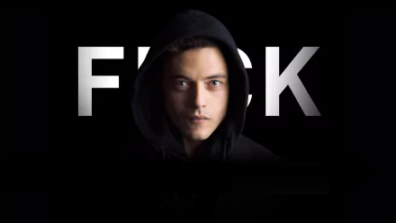 HD desktop wallpaper featuring a close-up of the hooded protagonist from the TV show Mr. Robot against a dark background with bold, partially obscured text.