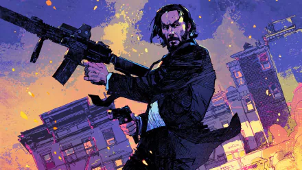 HD desktop wallpaper of Keanu Reeves as John Wick in John Wick: Chapter 2, holding a gun against a vibrant, stylized background of a cityscape.