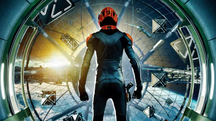 HD PC desktop wallpaper: rear view of a cadet in a futuristic battle suit standing in a circular space-station bay, cinematic Ender's Game movie background.