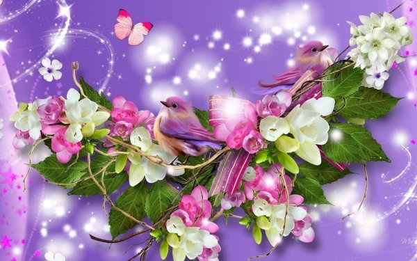 Artistic Flower Flowers Bird Butterfly Colorful Pastel HD Wallpaper | Background Image