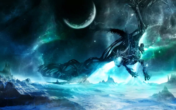 HD fantasy wallpaper of Sindragosa, the dragon from World of Warcraft: Wrath of the Lich King, soaring over a snowy mountain landscape with a glowing moon in the sky.