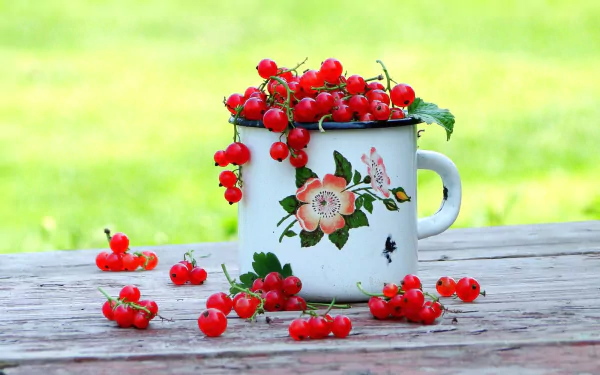 HD desktop wallpaper featuring a blurred green background with a white floral cup filled with bright red currants on a rustic wooden surface.