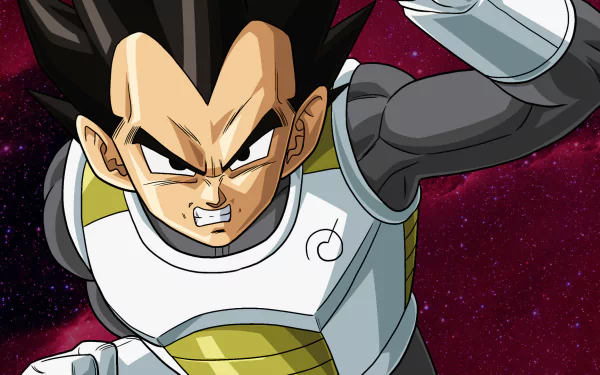 Anime HD PC desktop wallpaper/background from Dragon Ball Z: Resurrection of F featuring Vegeta in Saiyan armor lunging forward against a red, starry space backdrop.
