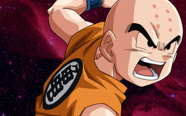 Anime HD PC desktop wallpaper featuring Krillin from Dragon Ball Z: Resurrection of F, depicted in an intense battle-ready pose against a cosmic background.