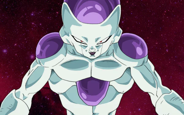 Anime HD PC desktop wallpaper from Dragon Ball Z: Resurrection of F showing Frieza in white-and-purple final form looming against a red starfield background.