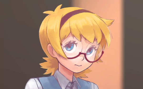 HD anime desktop wallpaper featuring Lotte Yanson from Little Witch Academia with short blonde hair and glasses against a softly lit background.