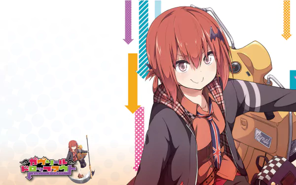 HD PC desktop wallpaper featuring Satanichia Kurumizawa McDowell from the anime Gabriel DropOut, with vibrant colors and dynamic arrow designs.