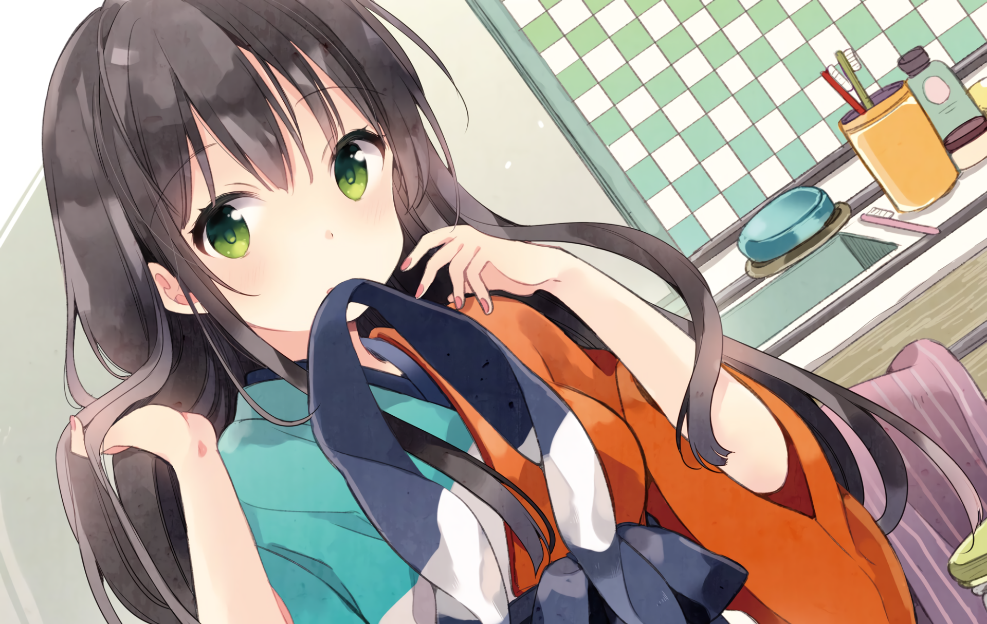 Anime, Urara Meirochō — HD PC desktop wallpaper/background: long dark-haired girl with green eyes holding a navy and orange bag in a bright kitchen with a checkered backsplash.