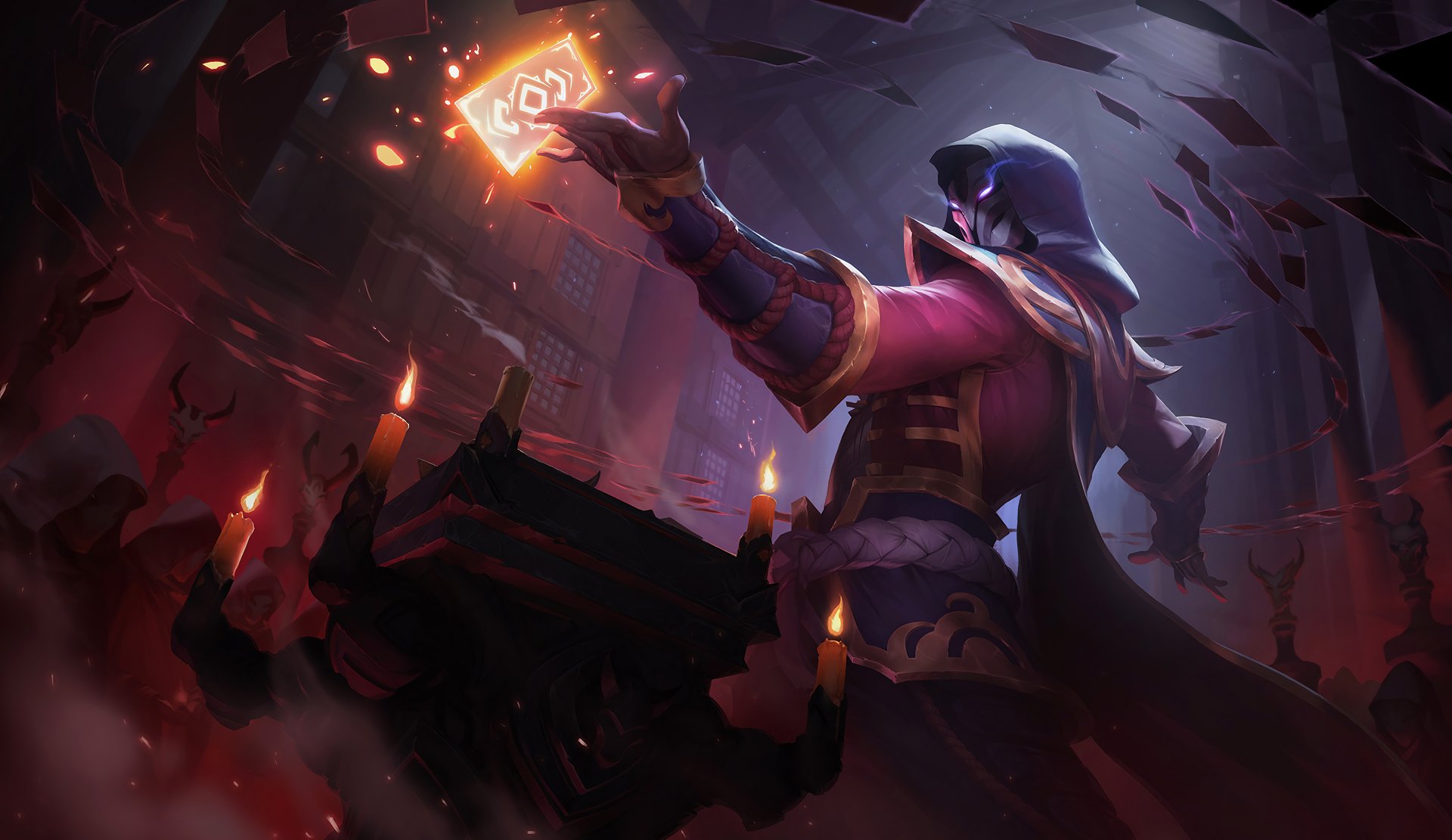 HD wallpaper depicting Twisted Fate from the video game League of Legends, featuring him in a dynamic pose with cards illuminated by a mystical glow, surrounded by dark, dramatic scenery.