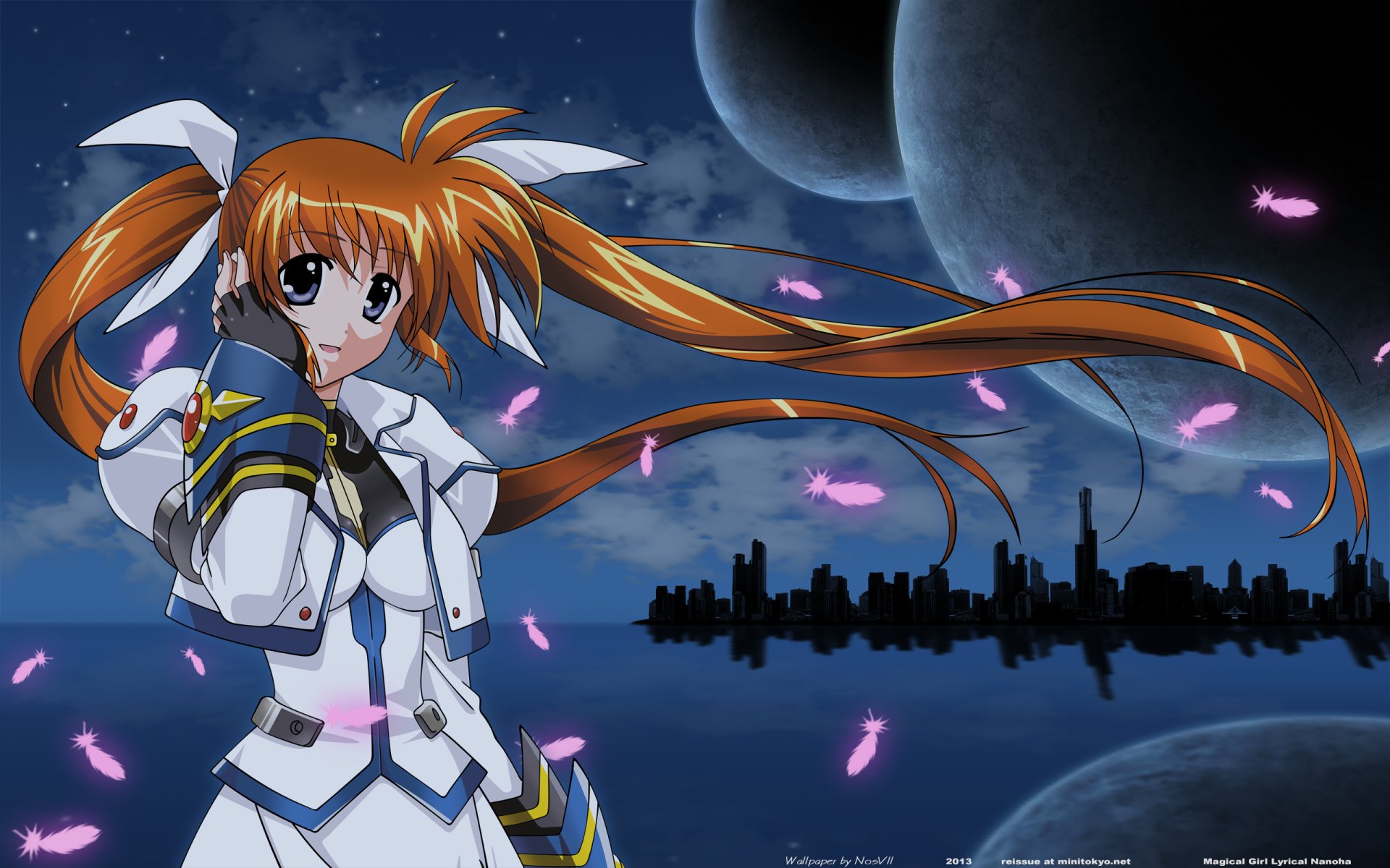 Nanoha Takamachi from the anime Magical Girl Lyrical Nanoha, in a white outfit with flowing orange twin-tails; pink petals drift over water toward a silhouetted city and moons — 2K Quad HD PC wallpaper