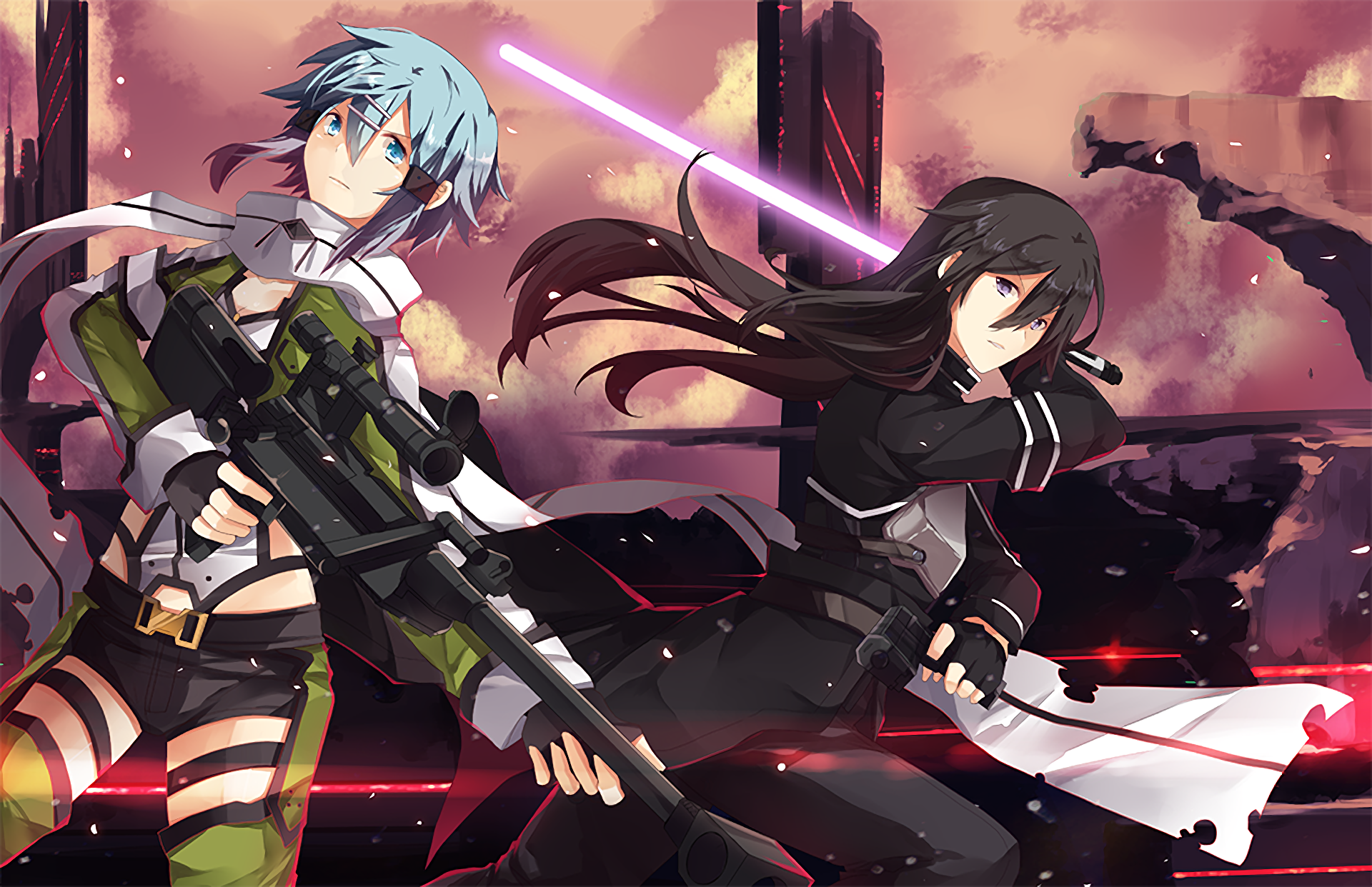 HD anime wallpaper featuring Shino Asada with a sniper rifle and Kazuto Kirigaya (Kirito) wielding a glowing sword, from Sword Art Online II.