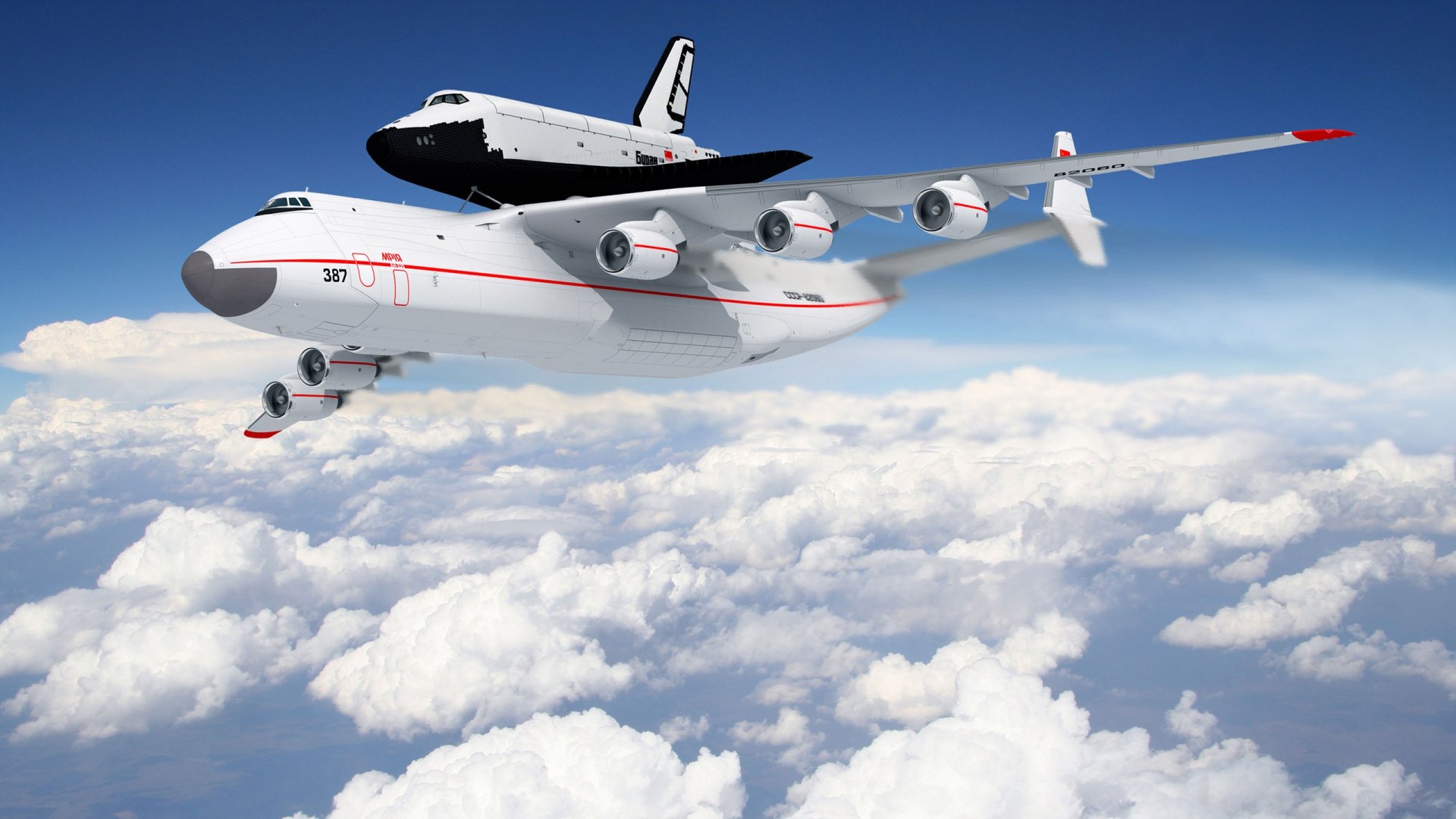 HD desktop wallpaper featuring an air-launched space shuttle piggybacking on a jumbo jet flying above the clouds.