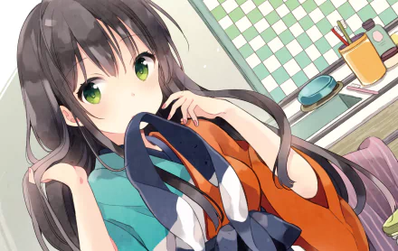 Anime, Urara Meirochō — HD PC desktop wallpaper/background: long dark-haired girl with green eyes holding a navy and orange bag in a bright kitchen with a checkered backsplash.