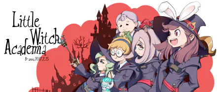 HD desktop wallpaper featuring Atsuko Kagari, Lotte Yanson, and Sucy Manbavaran from the anime Little Witch Academia with a whimsical castle background.