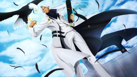 Anime Chrono Crusade 2K Quad HD PC desktop wallpaper: white‑uniformed character with flowing cape and gun, a white bird perched on his hand, black feathers drifting across a bright blue sky