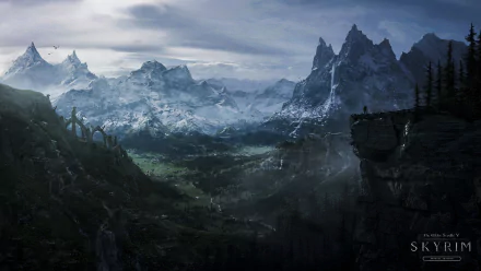HD desktop wallpaper of a fantasy landscape from The Elder Scrolls V: Skyrim, featuring a dragon, snow-capped mountains, cliffs, a river, and a forest under an overcast sky.