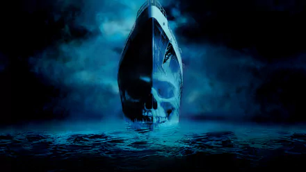 HD PC desktop wallpaper: eerie movie ghost ship rising from foggy blue sea, the bow forming a skull reflected in dark, rippling waters.