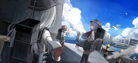 HD anime wallpaper featuring Ikazuchi, Inazuma, Akatsuki, and Hibiki from Kantai Collection standing on a dock under a bright blue sky with clouds and seagulls.